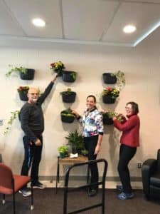 trois adultes devant des plantes accrochées au mur